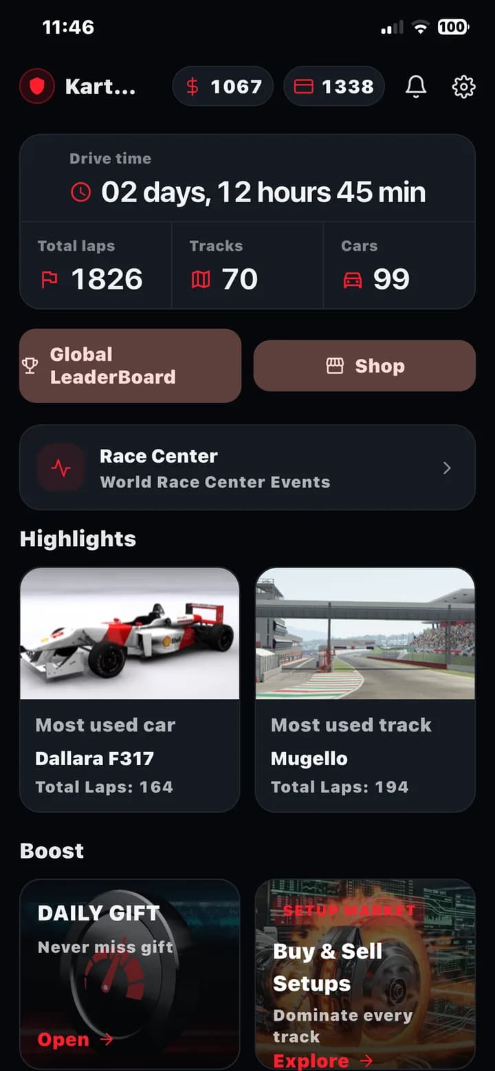 App mobile SimRacer World: la dashboard del pilota